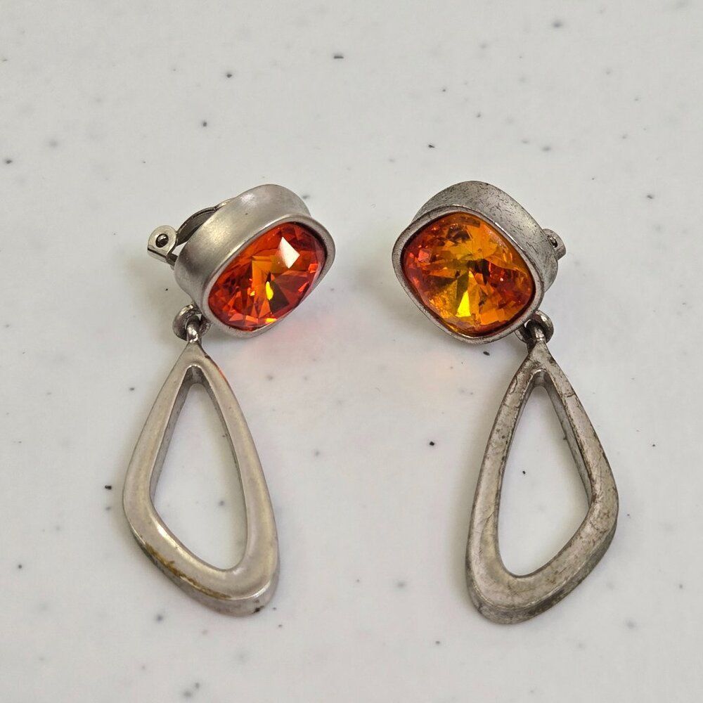 Givenchy Clip On Earrings Orange Dangle Silver Tone Rivoli Vintage Geometric
